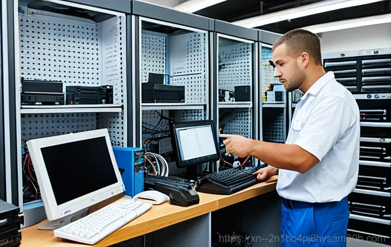 휘경동 USER_MODE_HEALTH_MONITOR - A friendly computer repair technician, fully clothed in a professional uniform, helping a senior wom...