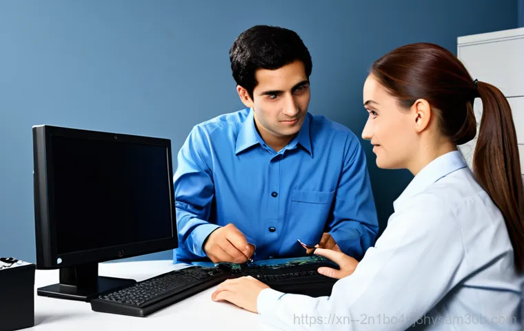 공항동 STATUS_SYSTEM_LICENSE_INVALID - "A computer repair technician in professional attire, diagnosing a computer with a 'STATUS\_SYSTEM\_...