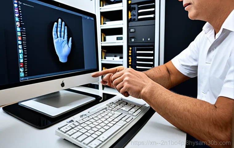 성북구 STATUS_INVALID_PAGE - "A friendly IT expert in a clean workshop, fully clothed, assisting a Seongbuk-gu resident with data...