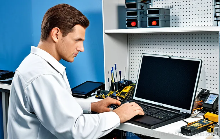 쌍문동 노트북 laptop 출장방문수리점 - "A friendly, approachable computer repair technician, fully clothed in a professional uniform, helpi...