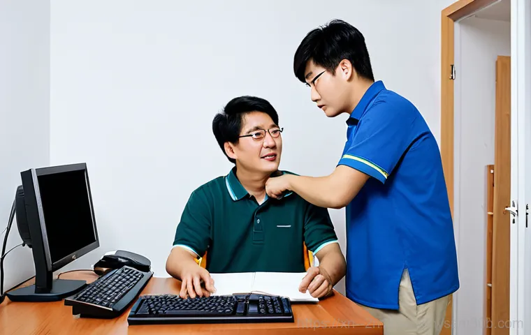 행주동 NTFS_FILE_SYSTEM - A computer repair technician in a clean and organized workspace, diagnosing a computer with a blue s...