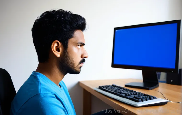 수색동 STATUS_PRIVILEGED_INSTRUCTION - **Prompt:** A computer technician in a clean workspace, troubleshooting a desktop computer with a bl...