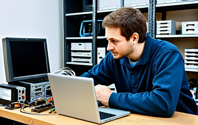 삼동 ACPI_BIOS_ERROR - A computer technician in professional attire, troubleshooting a desktop computer displaying an ACPI\...