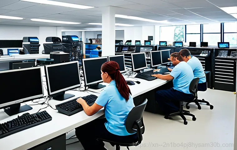 과해동 중고컴퓨터 pc 출장판매설치 - "A friendly computer technician, fully clothed, wearing a clean uniform, assisting a customer in a b...