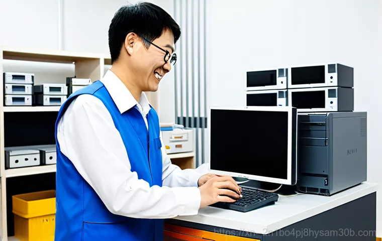 과해동 중고컴퓨터 pc 출장판매설치 - "A well-organized computer repair shop, fully clothed technicians working on computers at multiple w...