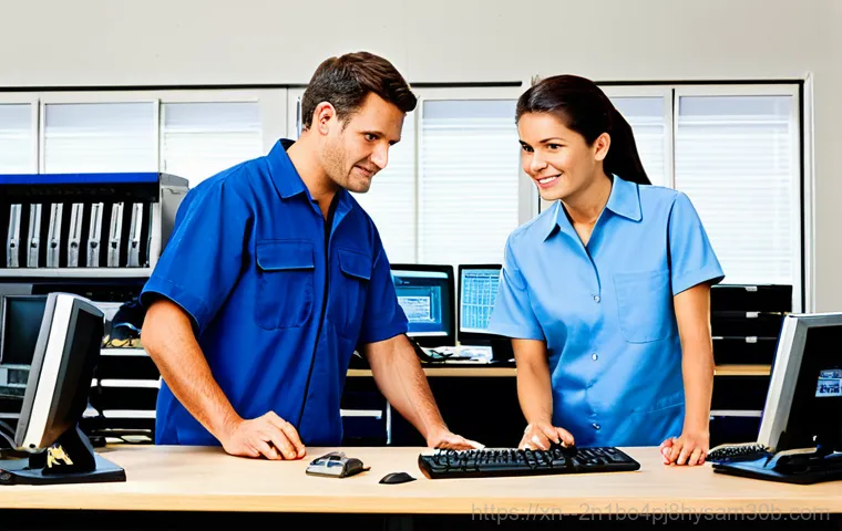 평창동 PAGE_TABLE_CORRUPT - **Subject:** A friendly computer technician assisting a woman in her home office.
    **Clothing:** ...