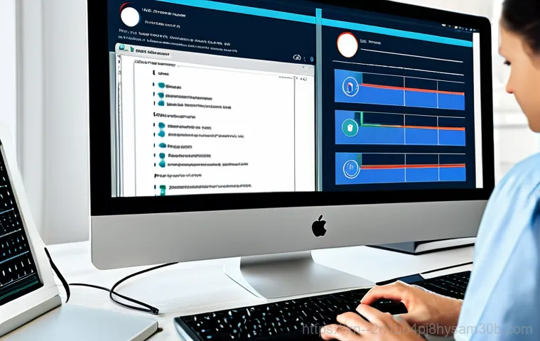 학온동 VIDEO_MEMORY_MANAGEMENT_INTERNAL - A professional IT technician in a clean, modern office environment, diagnosing a computer displaying...
