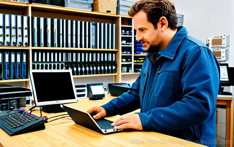 송파구 노트북 laptop 출장방문수리점 - **Prompt:** A professional computer technician, fully clothed in a branded uniform, repairing a lapt...