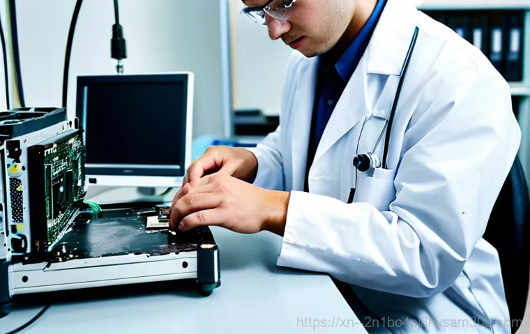 내유동 STATUS_DISK_NOT_INITIALIZED - **Prompt:** A professional computer technician, wearing modest work attire, troubleshooting a comput...
