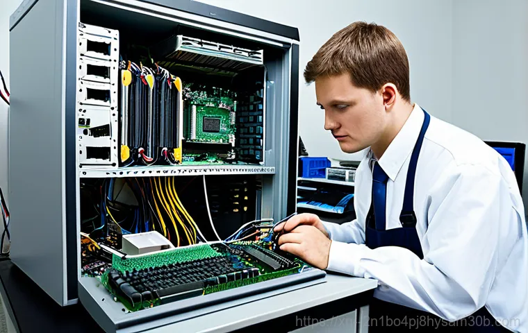 천연동 SYSTEM_THREAD_EXCEPTION_NOT_HANDLED - **Prompt:** A friendly computer technician, fully clothed in professional attire, assisting an elder...