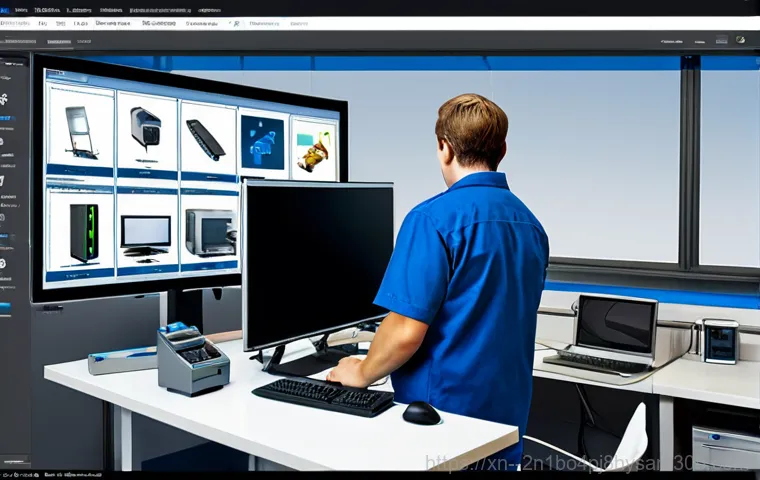 시흥동 NTFS_FILE_SYSTEM - "A friendly computer technician assisting a customer in their home, fixing a blue screen error, full...