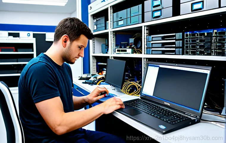 청구동 THREAD_TERMINATION_PORT - **Prompt:** A data recovery specialist in a clean, organized lab, working on a disassembled hard dri...