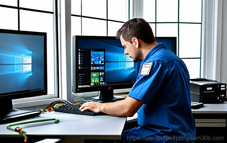 불광동 윈도우7 windows7 재설치 포맷  초기화 - "A friendly computer technician, fully clothed in professional attire, assisting a senior citizen wi...