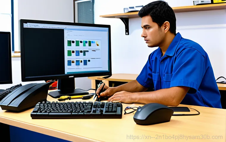 오곡동 STATUS_STACK_OVERFLOW - "A friendly computer repair technician assisting a woman at her home office, diagnosing a computer e...