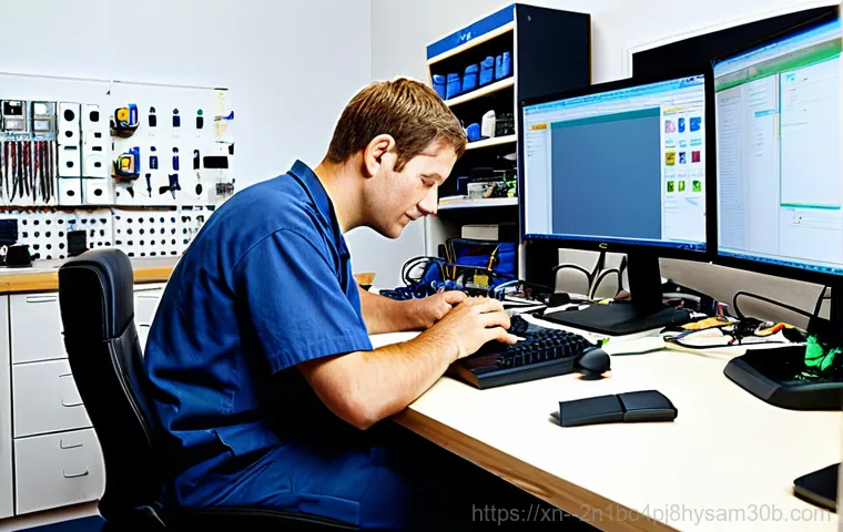 주자동 부팅불가 - "A friendly computer technician, fully clothed in a professional uniform, assisting a senior citizen...