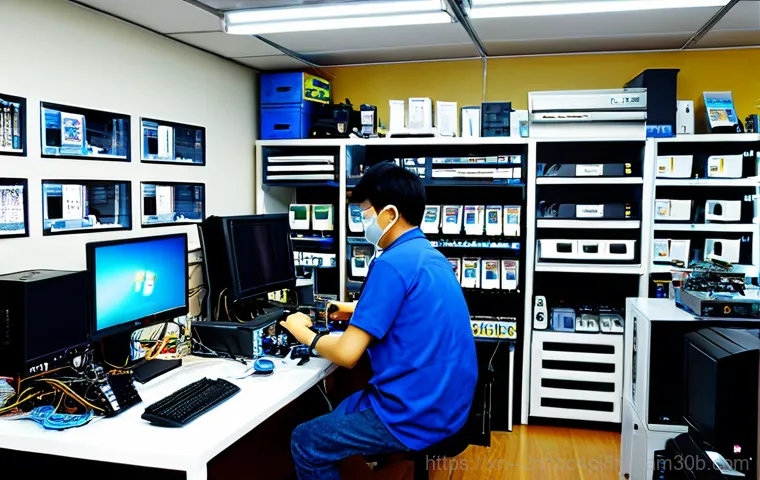 과해동 STATUS_KERNEL_THREAD_FAILURE - "A friendly computer technician, fully clothed in professional attire, diagnosing a blue screen on a...