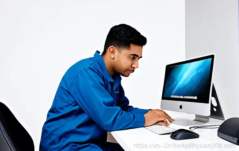 양평동 MACHINE_CHECK_EXCEPTION - **Prompt:** A technician wearing professional attire, troubleshooting a desktop computer displaying ...