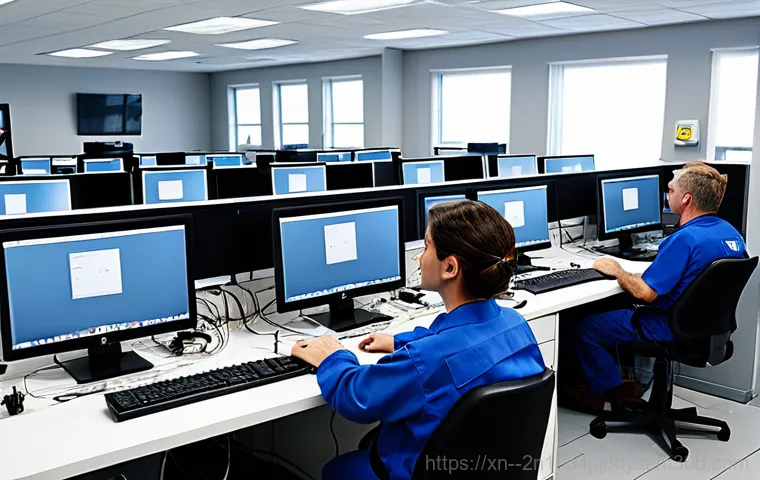 양평동 MACHINE_CHECK_EXCEPTION - **Prompt:** A friendly computer repair technician, fully clothed in a modest uniform, assisting a cu...