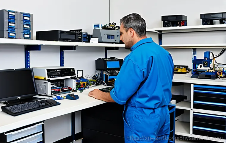 관수동 STATUS_INVALID_OBJECT - "A friendly computer repair technician, smiling, wearing a clean uniform, assisting a customer in a ...