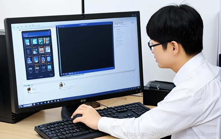 이촌동 VIDEO_MEMORY_MANAGEMENT_INTERNAL - A concerned resident of Ichon-dong, fully clothed in modest attire, sitting at a desk with a PC disp...