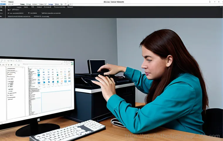 을지로 케이블연결확인 - **Prompt:** A friendly computer technician, fully clothed in appropriate work attire, assisting a bu...