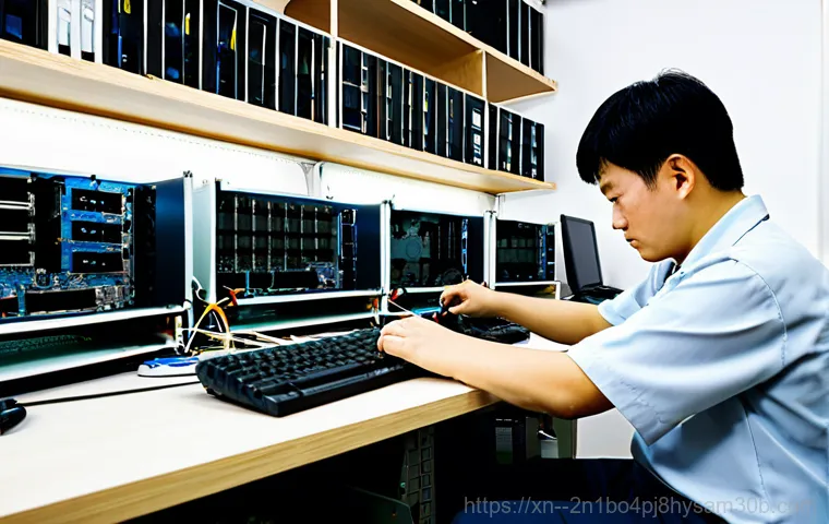 염곡동 BAD_SYSTEM_CONFIG_INFO - "A friendly computer technician in 염곡동 (Yeomgok-dong) wearing a professional uniform, helping a seni...