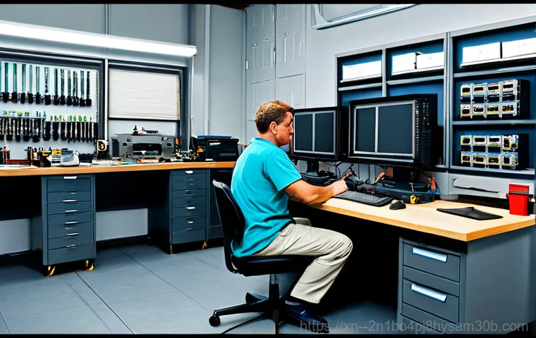 하안동 워크스테이션출장방문수리점 - "A friendly computer repair specialist, fully clothed in a branded uniform, assisting a client with ...
