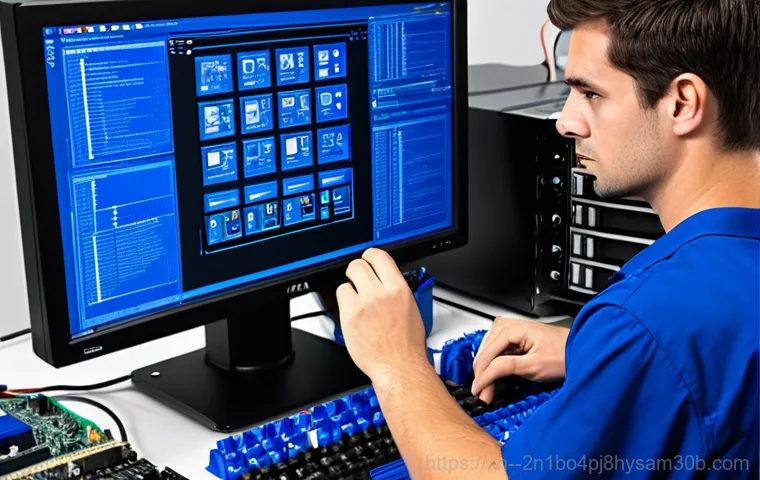 중부면 STATUS_SYSTEM_FILE_MISSING - "A person sitting at a computer displaying a blue screen error message: 'STATUS_SYSTEM_FILE_MISSING'...