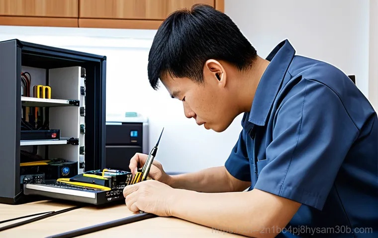 동산동 NAS출장방문수리점 - **Prompt:** A close-up shot of a modern, sleek NAS device sitting on a clean, minimalist desk in a h...