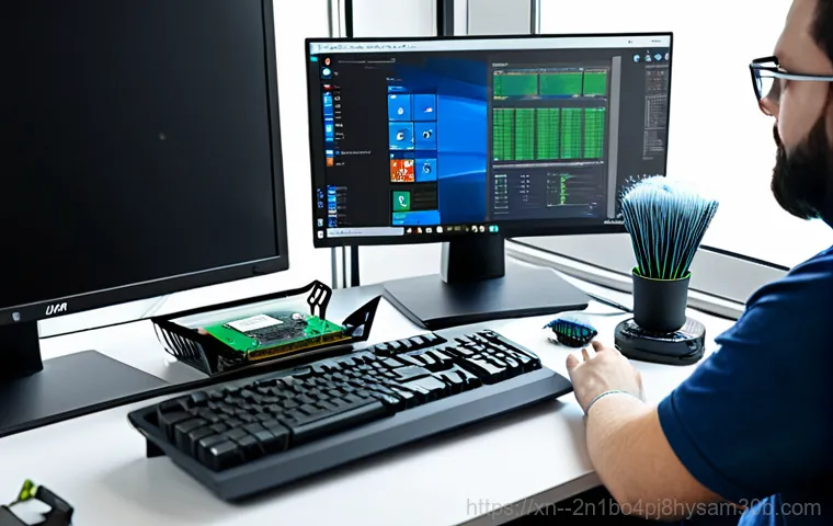 통의동 STATUS_KERNEL_RESOURCE_ERROR - A detailed scene of a person meticulously troubleshooting a PC issue. On one monitor, the Windows Ev...