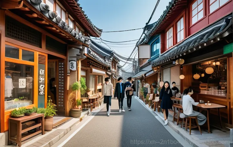 삼청동 입력신호가 없습니다 - **Modern Cafe within a Traditional Hanok**: An interior view of a stylish, modern cafe housed within...