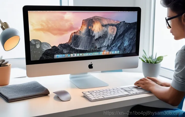 한남동 아이맥 판매 및 수리 - A vibrant scene depicting an iMac undergoing a performance upgrade. The screen is partially open, re...