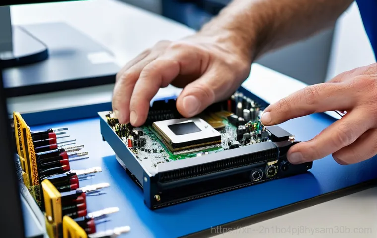 공항동 컴퓨터 desktop 출장방문수리점 - A professional computer repair technician, a man in his late 30s wearing a clean company uniform, is...