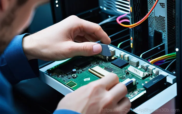 미아리 입력신호가 없습니다 - A person, casually dressed in a t-shirt and jeans, is meticulously examining the back of a computer ...