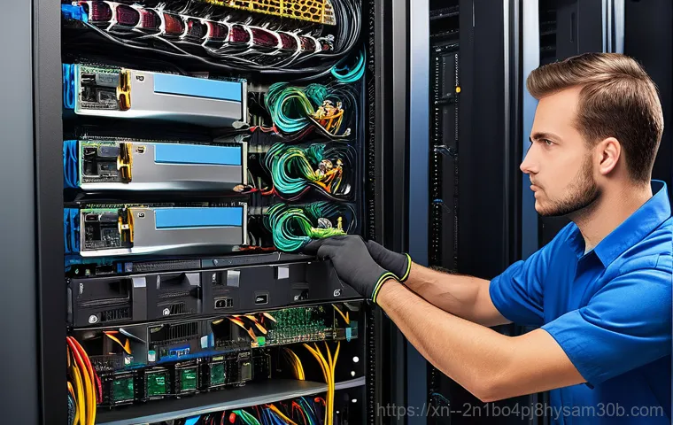창동 파일서버출장방문수리점 - A highly detailed close-up shot of a sophisticated file server rack within a clean, organized server...