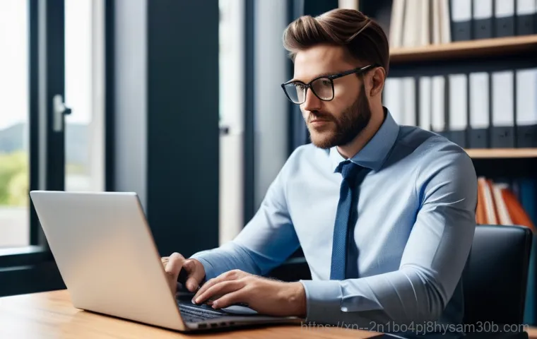 북한동 STATUS_DISK_READ_FAILURE - A young adult, dressed in casual, modest attire, sits in front of a computer monitor displaying a pr...