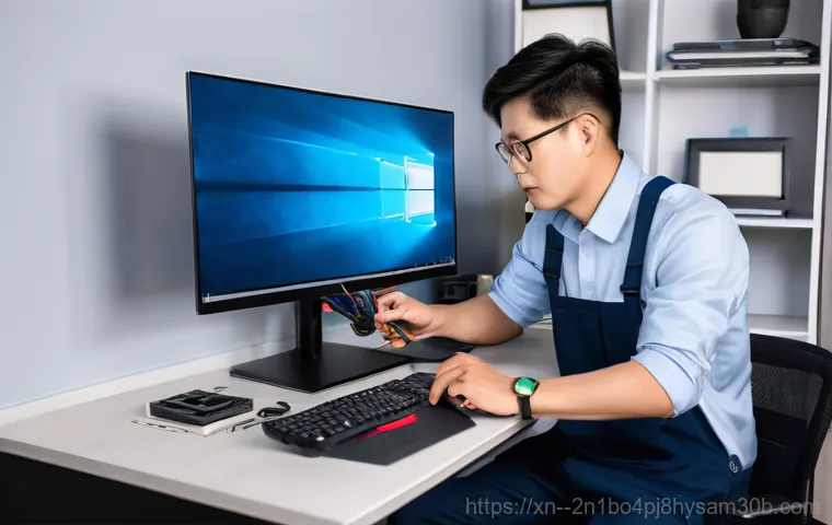 장항동 조립컴퓨터 pc 출장판매설치 - A confused young adult (male or female, 20s) sitting at a desk cluttered with various computer compo...