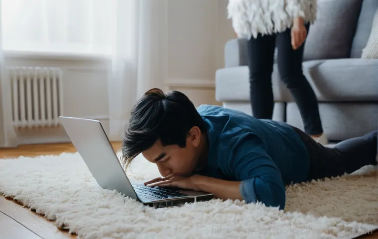 성산동 STATUS_DISK_CORRUPTION - **Prompt:** A person sitting at a desk, looking distressed and frustrated at a computer screen displ...