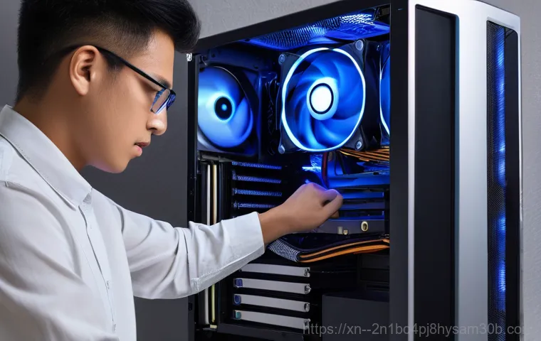 이문동 입력신호가 없습니다 - A detailed close-up shot inside an open computer tower. A pair of clean hands is shown meticulously ...