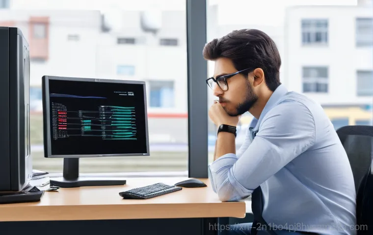우면동 DRIVER_VERIFIER_DETECTED_VIOLATION - A person in a home office setting, looking distressed and slightly overwhelmed, staring at a compute...