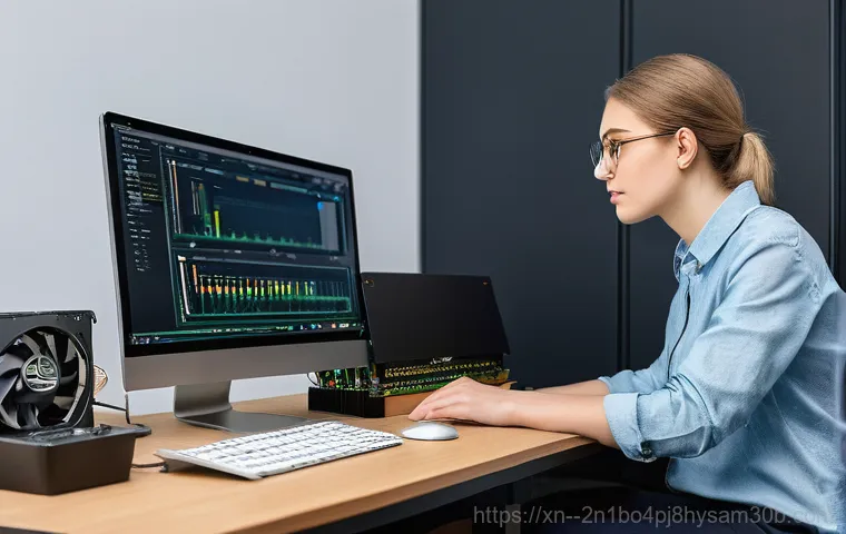 염창동 그래픽카드조립 및 교체수리 - A skilled computer technician, wearing a professional, clean uniform and an anti-static wrist strap,...