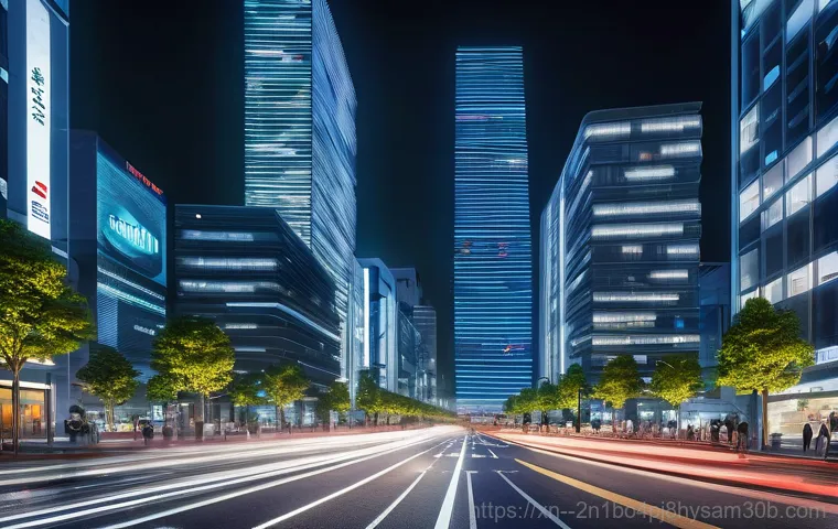 삼성동 STATUS_INSUFFICIENT_RESOURCES - A hyper-realistic, high-angle shot of Samsung-dong's futuristic skyline at dusk, with gleaming skysc...