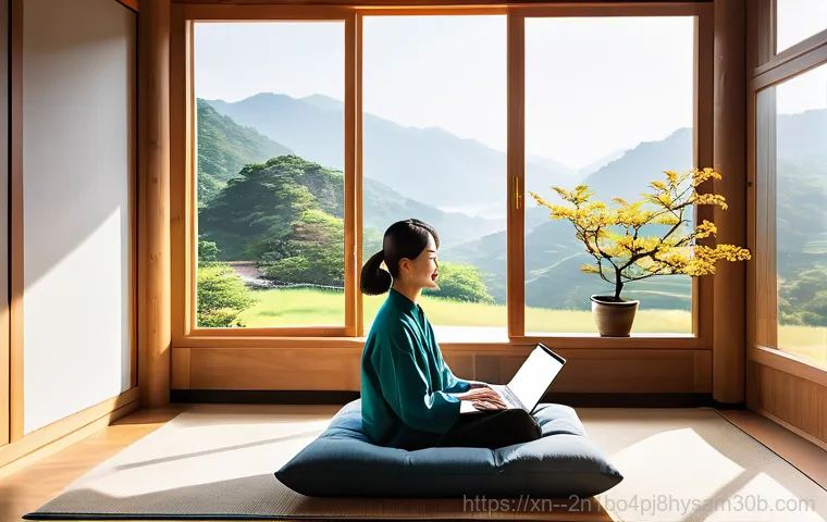 가회동 블루스크린 - Inside a cozy and tidy room of a Gahoedong hanok, a professional computer repair technician, wearing...