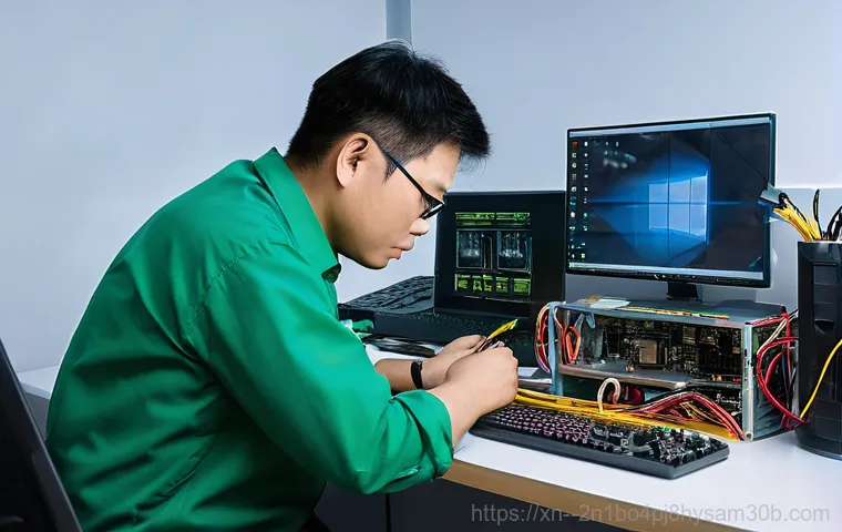 봉천동 VGA조립 및 교체수리 - A detailed close-up shot of the interior of a desktop computer, focusing on a high-performance graph...