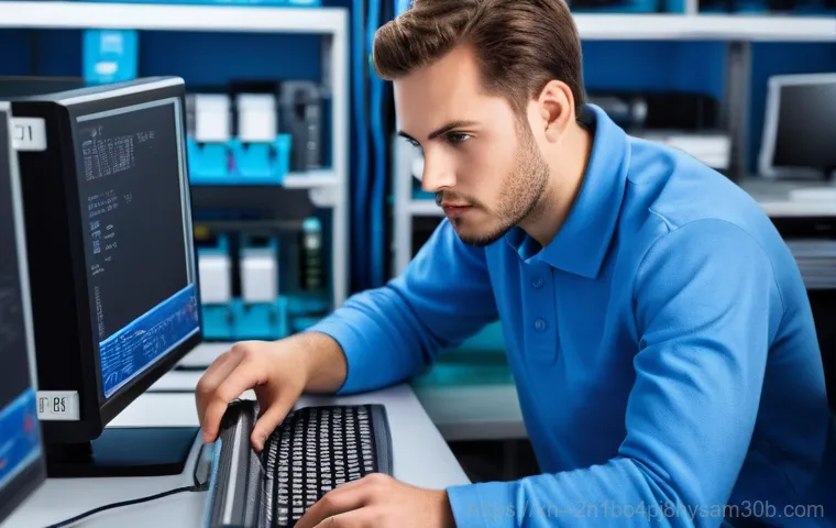 당인동 pc에 문제가 발생하여 다시 시작해야 합니다 - A person, looking stressed and frustrated, sits at a desk with a computer displaying a prominent blu...