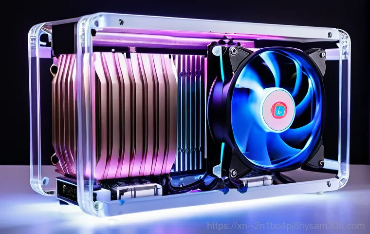 아현동 쿨러조립 및 교체수리 - A close-up, high-tech illustration of a CPU being efficiently cooled within a modern computer system...