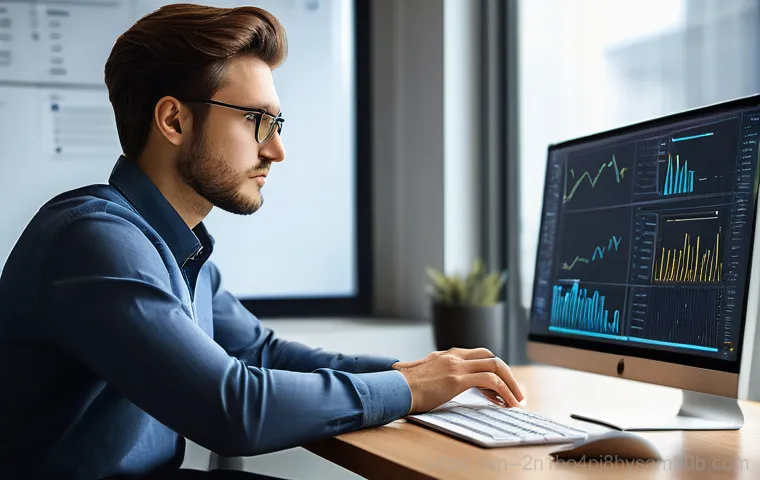 풍산동 STATUS_NO_MEMORY - A person, appearing stressed and with a slightly furrowed brow, is sitting at a desk with a desktop ...