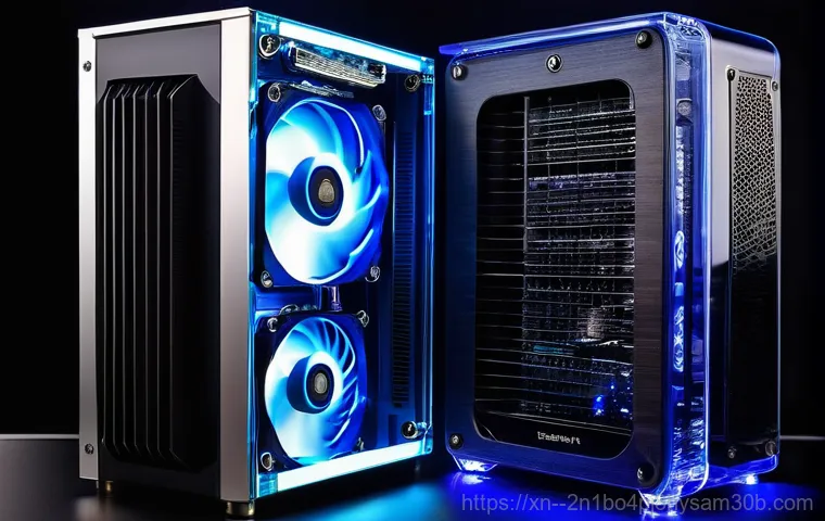 율현동 쿨러조립 및 교체수리 - A close-up of a desktop computer's open side panel, revealing an old, heavily dust-clogged CPU air c...
