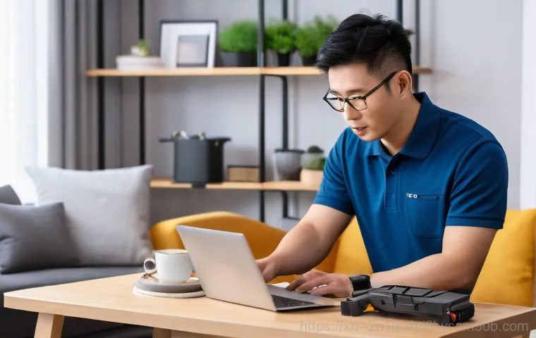 오륜동 노트북 laptop 출장방문수리점 - **Prompt**: A modern professional woman in her late 30s, dressed in comfortable casual wear, sits at...