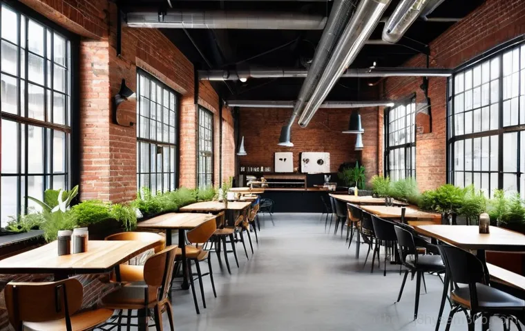 성수동 STATUS_IO_TIMEOUT - Image Prompt 1: Retro-Futuristic Cafe in an Industrial Setting**